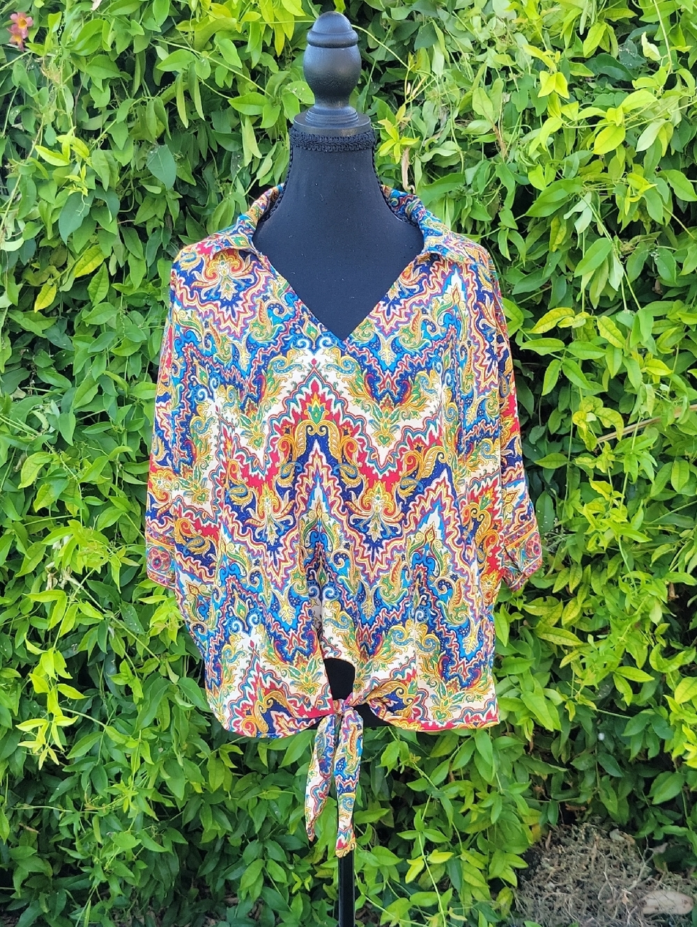 Boemo Oversized Boho Paisley Print Tie-Front Blouse in Bright Peruvian Color L